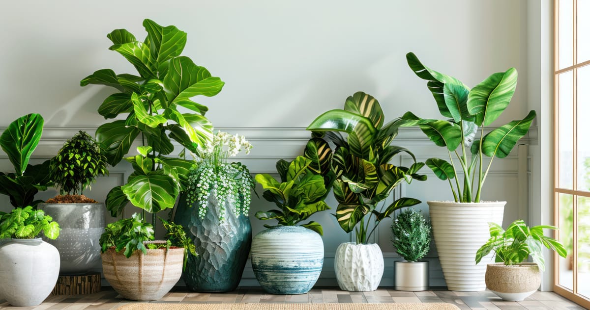 Noua ghivece cu plante verzi asezate langa un perete gri.