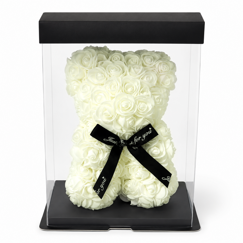 Ursuleț din trandafiri de spumă în cutie transparentă, 25 cm, culoare crem - ROC 063