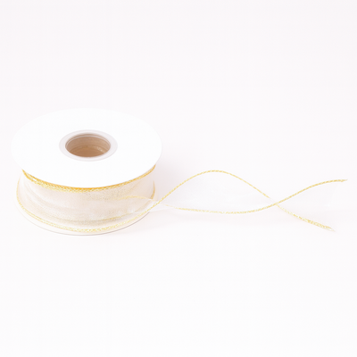 Rolă panglică din organza cu margine aurie, 4 cm, culoare alb - ROC 0850