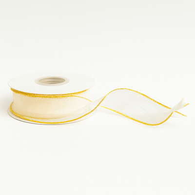 Rolă panglică din organza cu margine aurie, 4 cm, culoare crem - ROC 0850