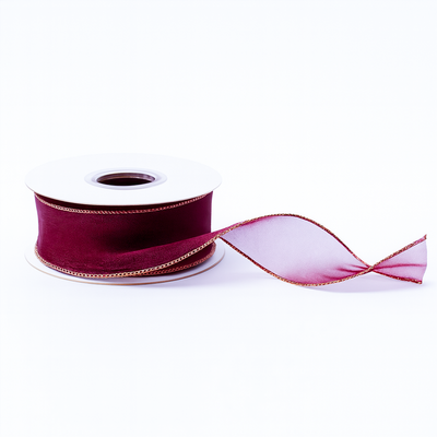 Rolă panglică din organza cu margine aurie, 4 cm, culoare grena - ROC 0850