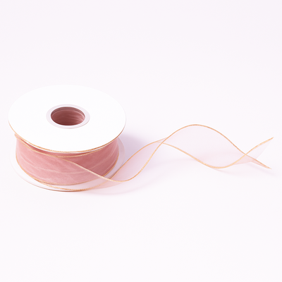 Rolă panglică din organza cu margine aurie, 4 cm, culoare roz - ROC 0850