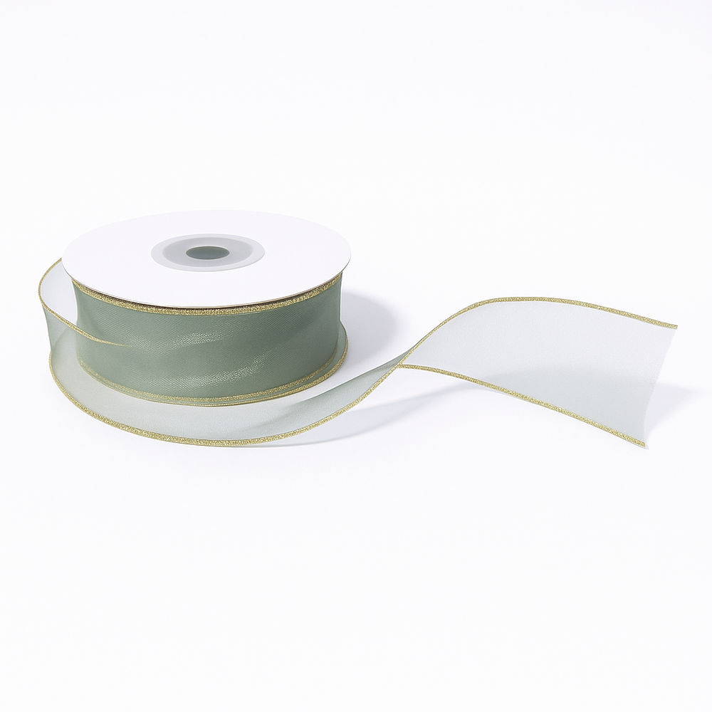 Rolă panglică din organza cu margine aurie, 4 cm, culoare vernil - ROC 0850