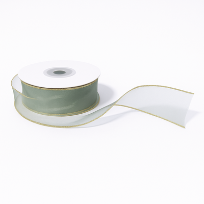 Rolă panglică din organza cu margine aurie, 4 cm, culoare vernil - ROC 0850