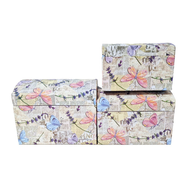 Set 3 cutii tip cufăr, model ziar cu fluturi - ROC 5805