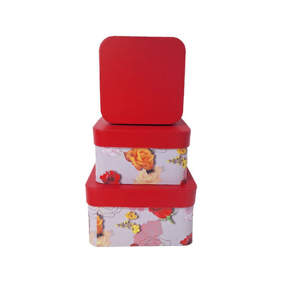 Set 3 cutii pătrate cu print floral, culoare roșu - ROC 5801