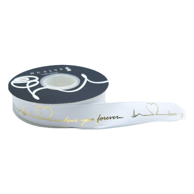 Bandă satinată cu mesaj "Love you forever", culoare alb - ROC 0837