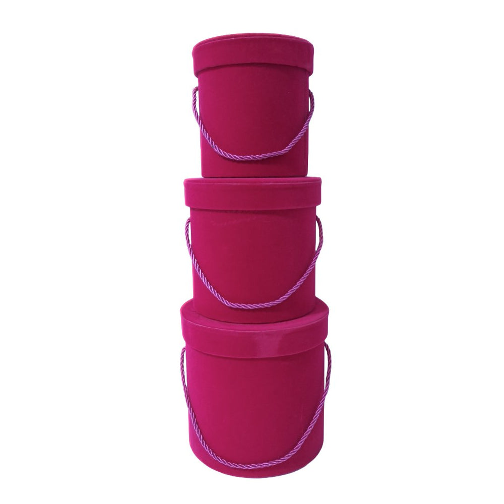 Set 3 cutii cilindru invelite cu catifea si snur, culoare ciclam E11 - ROC 951