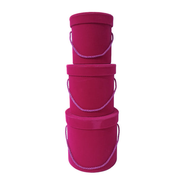 Set 3 cutii cilindru invelite cu catifea si snur, culoare ciclam E11 - ROC 951