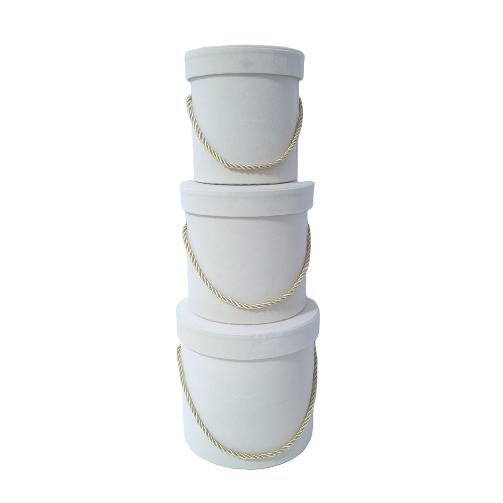 Set 3 cutii cilindru invelite cu catifea si snur, culoare crem B10 - ROC 951