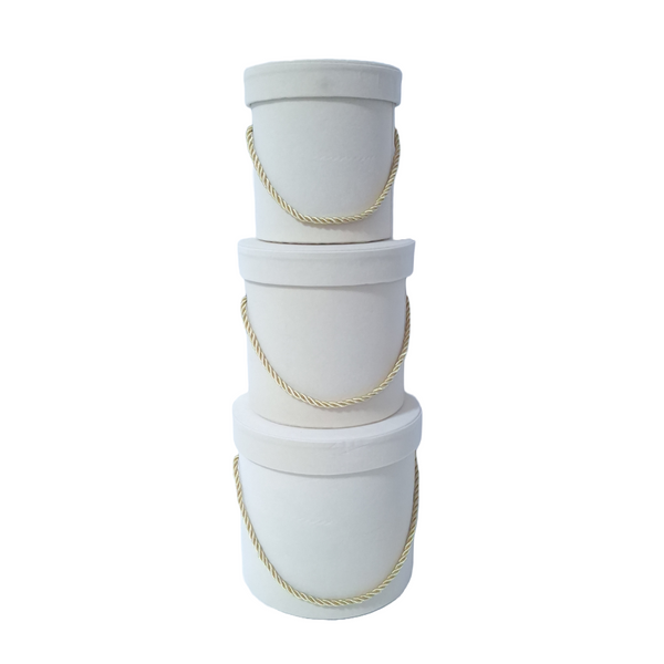 Set 3 cutii cilindru invelite cu catifea si snur, culoare crem B10 - ROC 951
