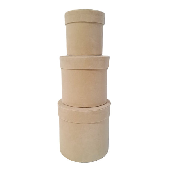 Set 3 cutii de carton cilindru invelite cu catifea, culoare bej R21 - ROC 951