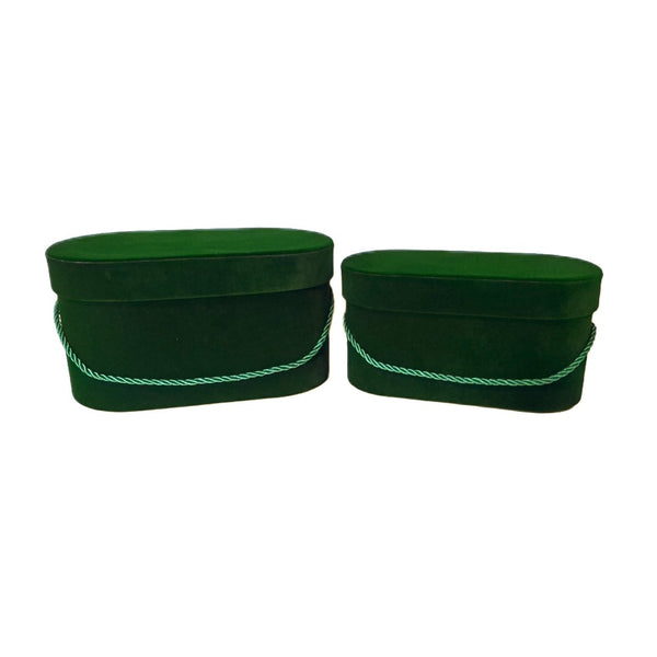 Set 2 cutii ovale invelite cu catifea si snur, culoare verde A14 - ROC 5809