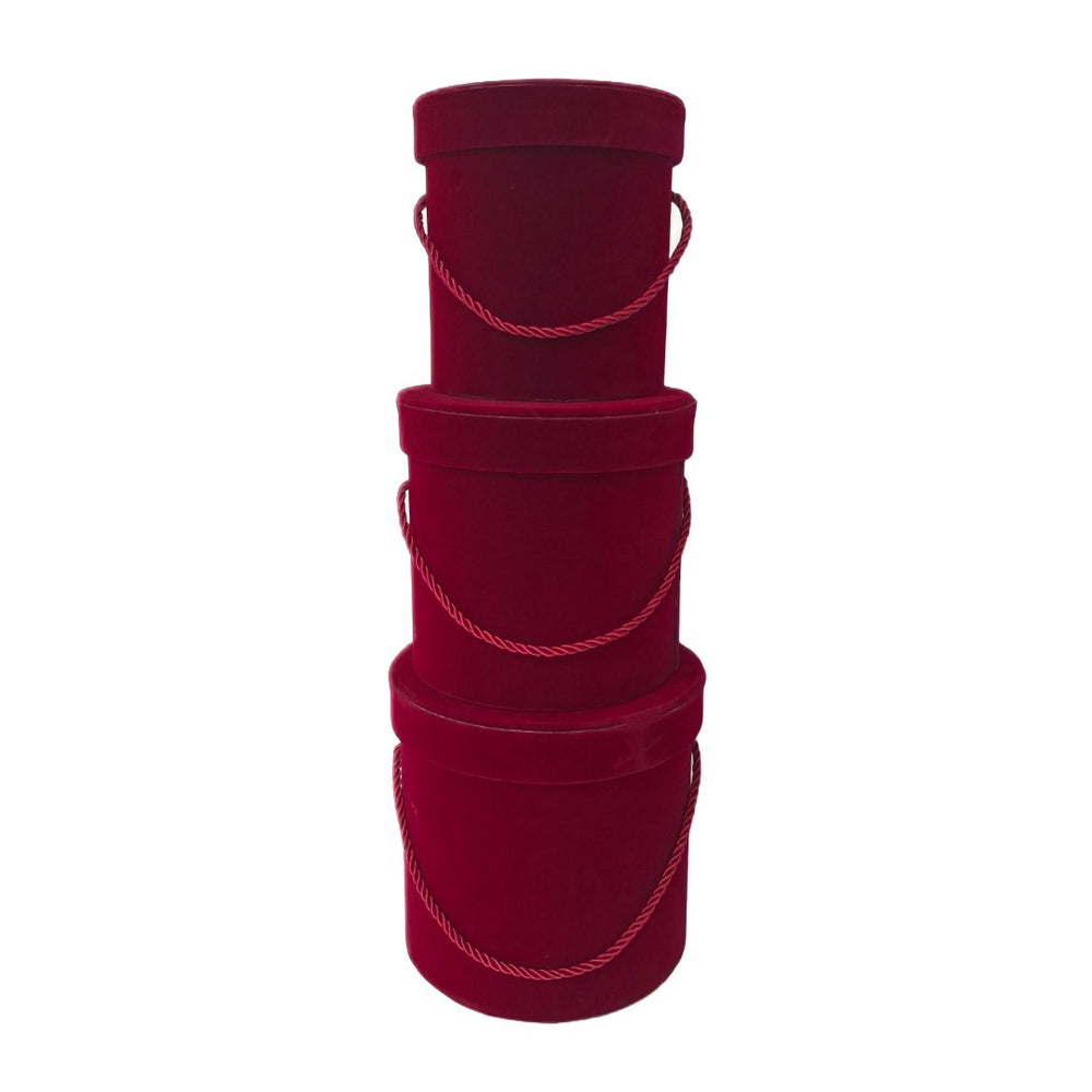 Set 3 cutii cilindru invelite cu catifea si snur, culoare visiniu E14 - ROC 951