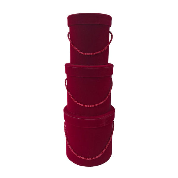 Set 3 cutii cilindru invelite cu catifea si snur, culoare visiniu E14 - ROC 951