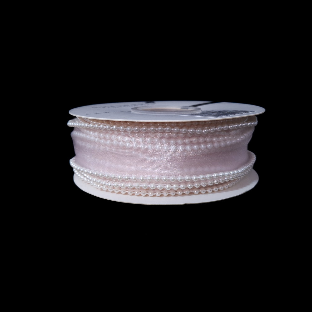 Rolă bandă din organza cu margine din mărgele, 4 cm, culoare roz deschis - ROC 0838