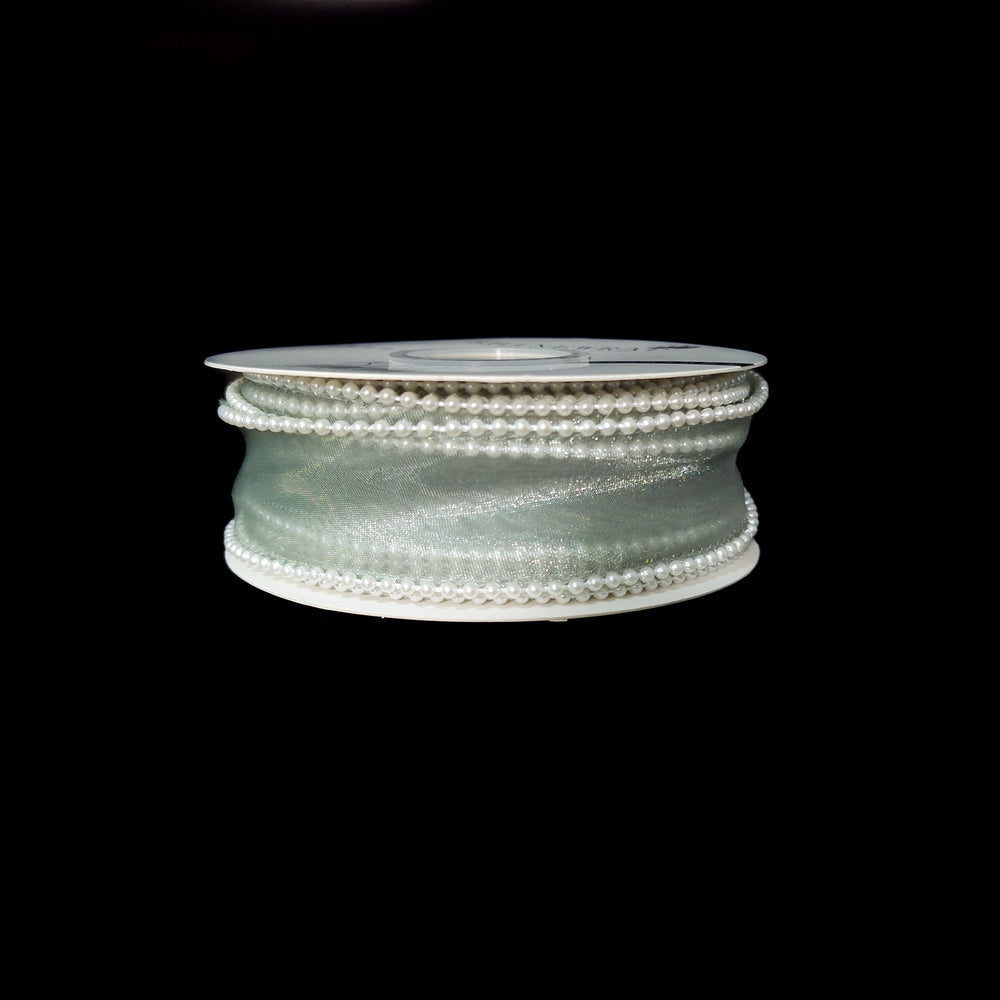 Rolă bandă din organza cu margine din mărgele, 4 cm, culoare verde - ROC 0838
