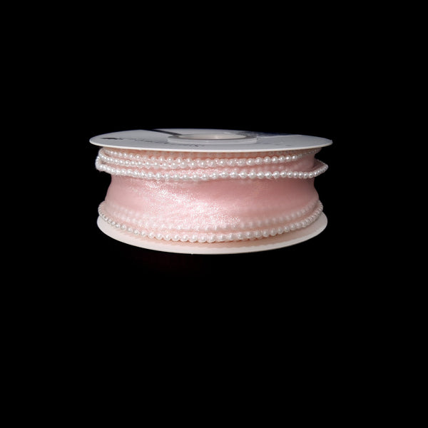 Bandă din organza cu margine de mărgele, 4 cm, culoare roz - ROC 0838