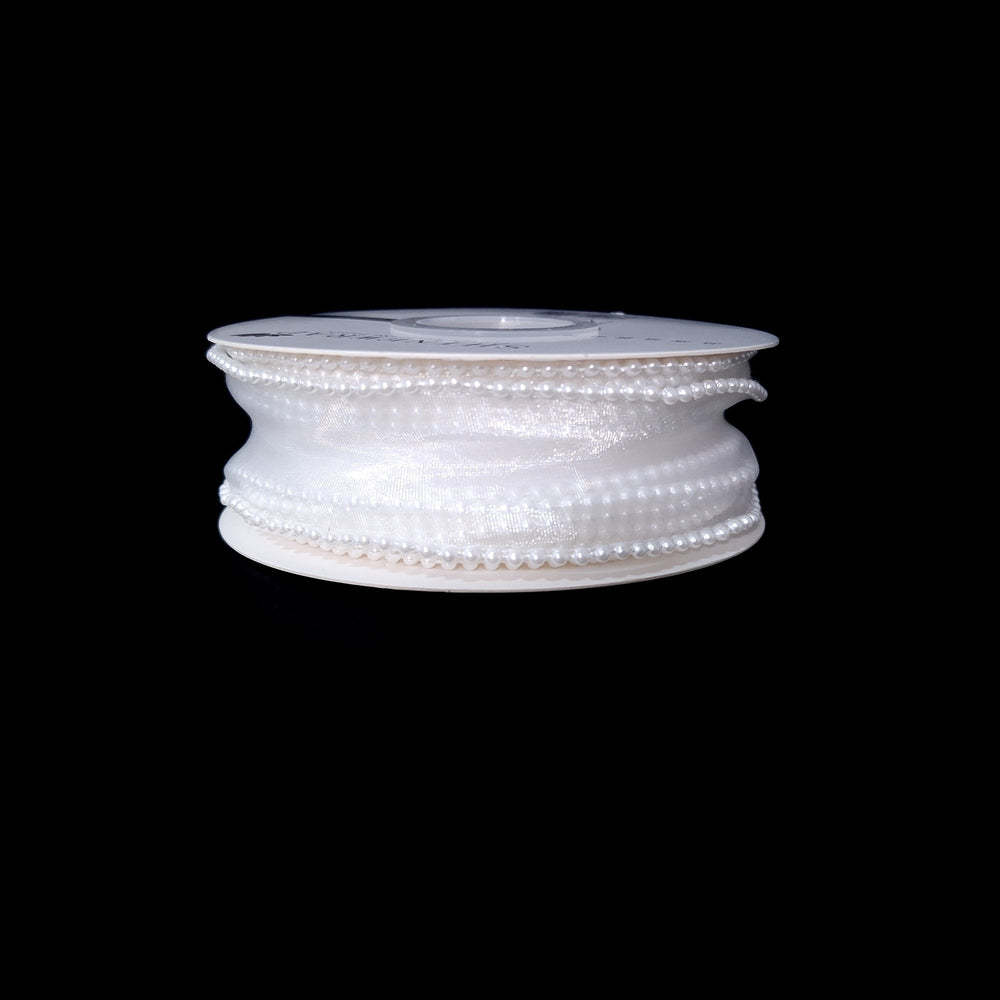 Bandă din organza cu margine de mărgele, 4 cm, culoare alb - ROC 0838