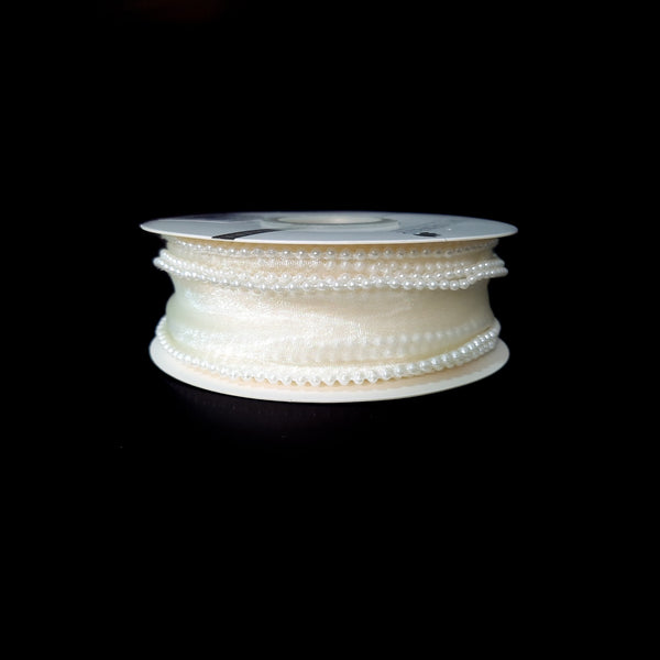 Rolă bandă din organza cu margine din mărgele, 4 cm, culoare crem - ROC 0838