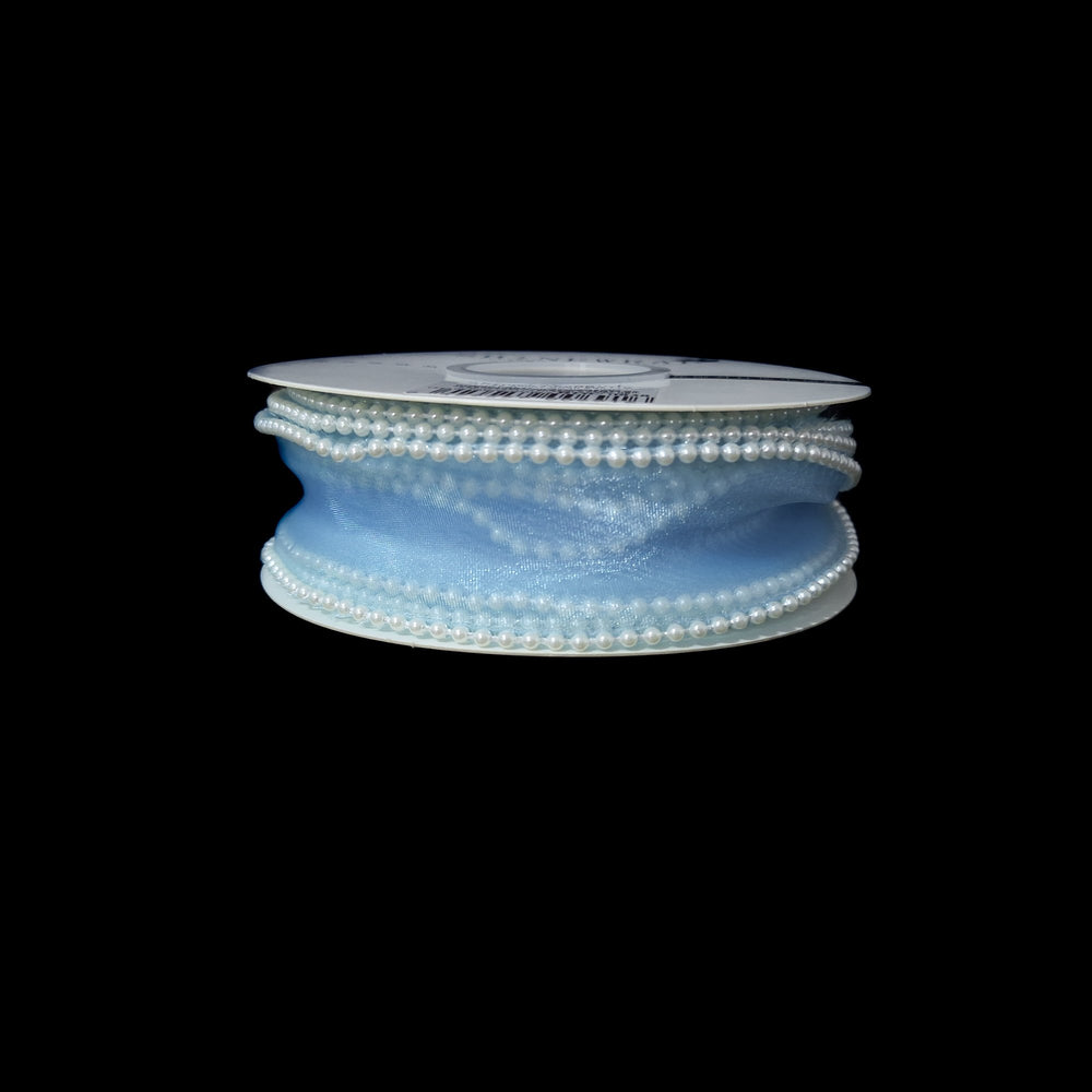 Bandă din organza cu margine de mărgele, 4 cm, culoare albastru deschis - ROC 0838