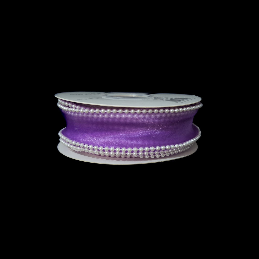 Rolă bandă din organza cu margine din mărgele, 4 cm, culoare mov - ROC 0838