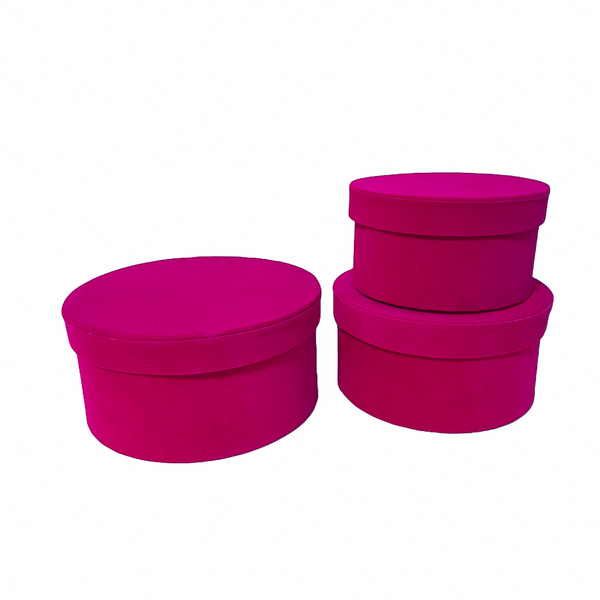Set 3 cutii rotunde invelite cu catifea pentru aranjamente florale, culoare ciclam E11 - ROC 920