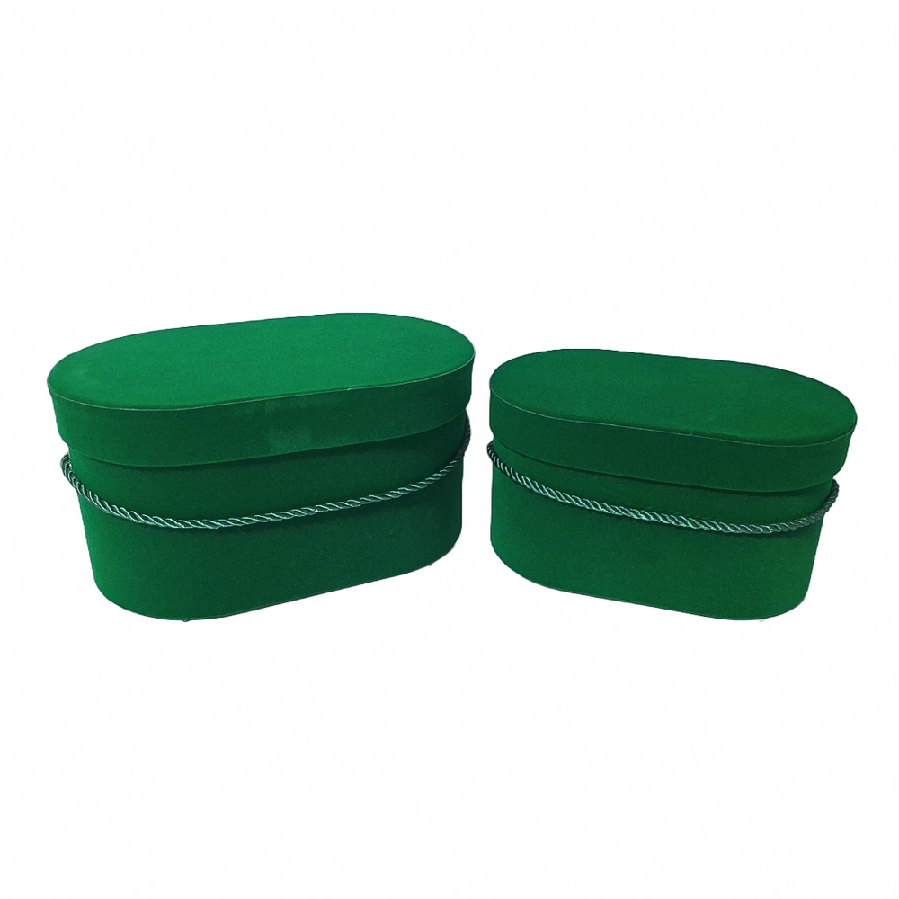 Set 2 cutii ovale invelite cu catifea si snur, culoare verde A14 - ROC 5809