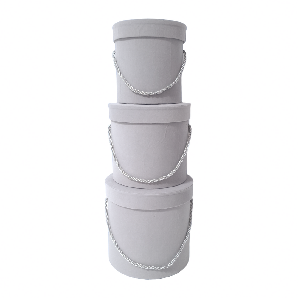 Set 3 cutii cilindru invelite cu catifea si snur, culoare gri E4 - ROC 951