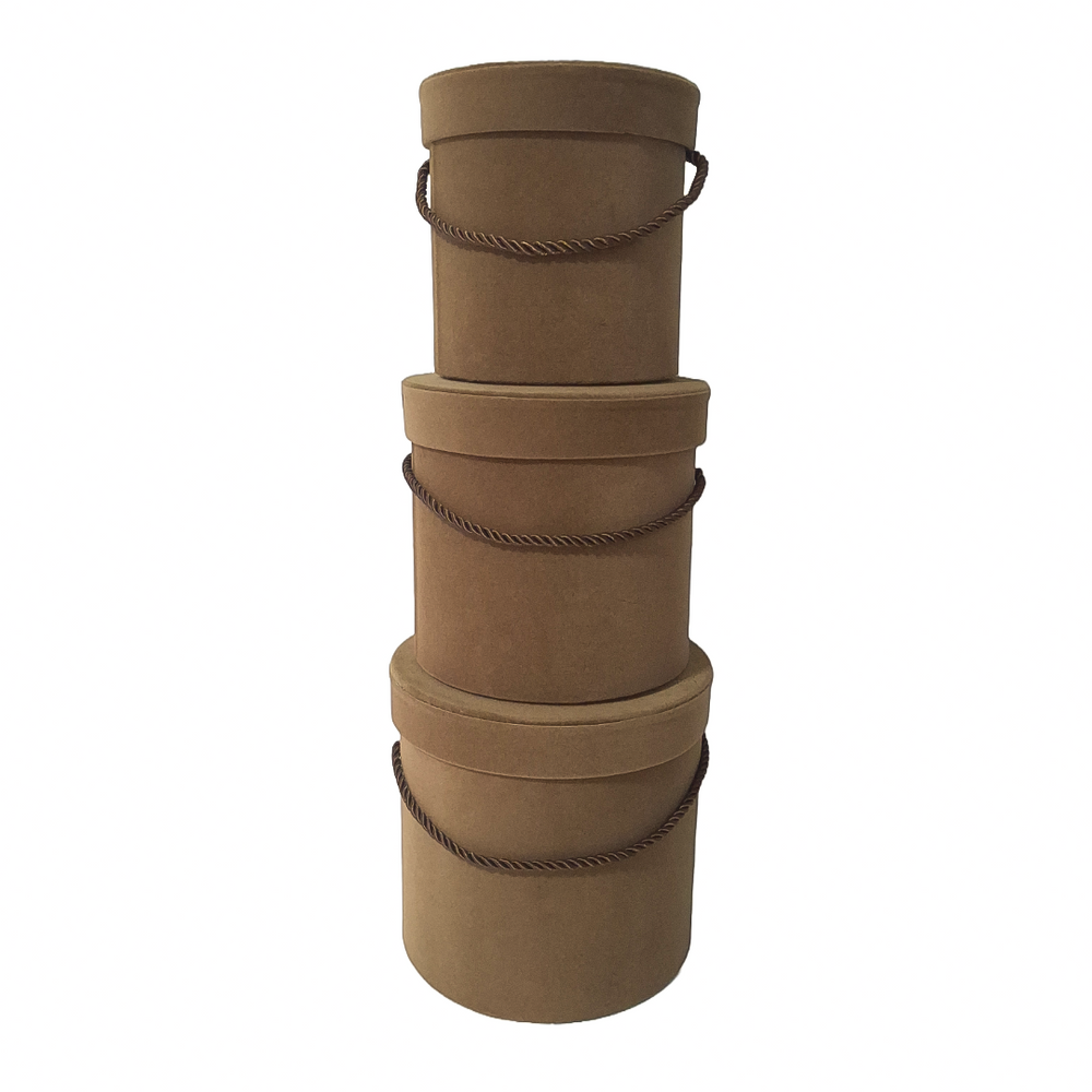 Set 3 cutii cilindru invelite cu catifea si snur, culoare maro E25 - ROC 951