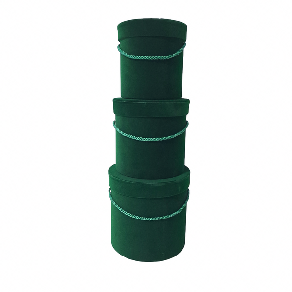 Set 3 cutii cilindru invelite cu catifea si snur, culoare verde inchis A14 - ROC  951