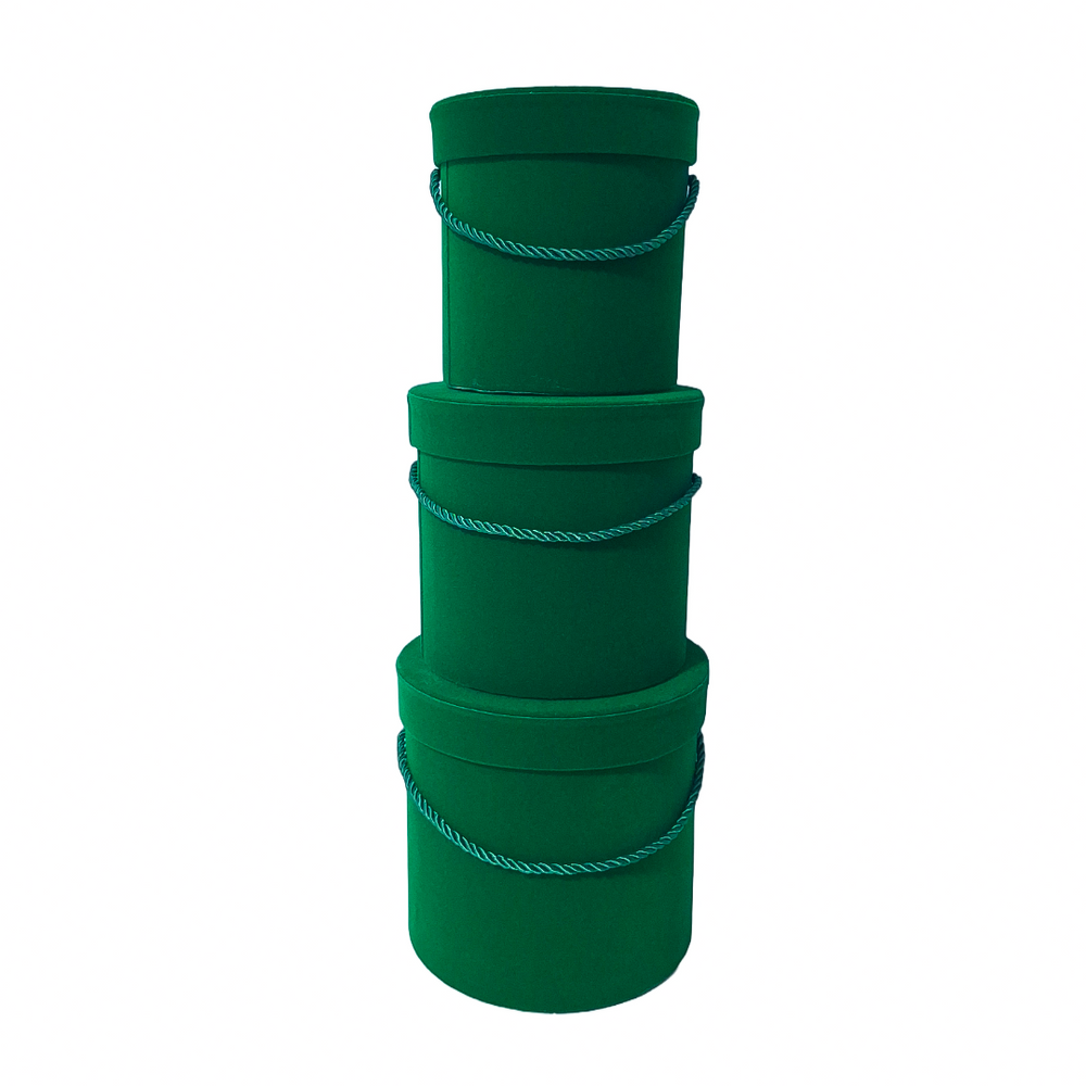 Set 3 cutii cilindru invelite cu catifea si snur, culoare verde C13 - ROC  951