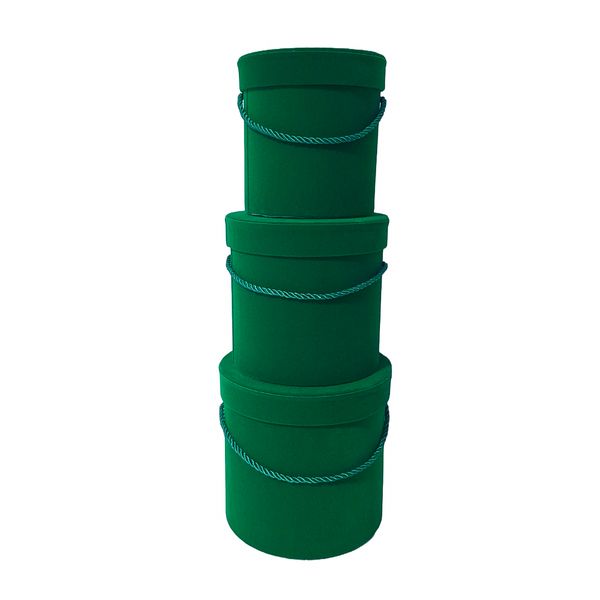 Set 3 cutii cilindru invelite cu catifea si snur, culoare verde C13 - ROC  951