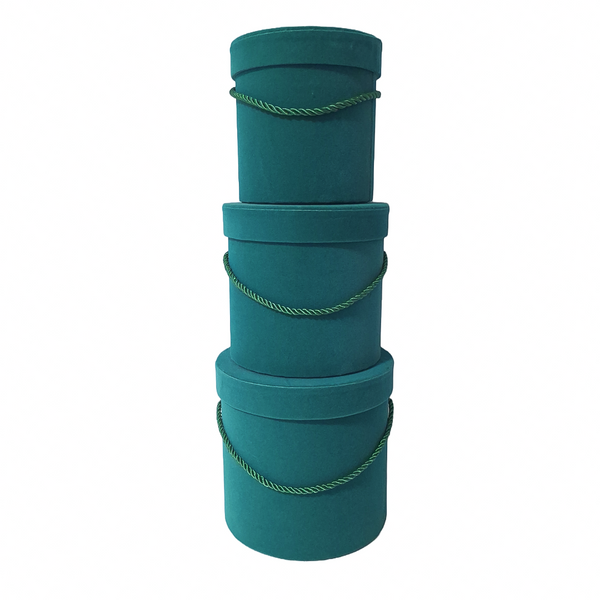 Set 3 cutii cilindru invelite cu catifea si snur, culoare verde C12 - ROC  951