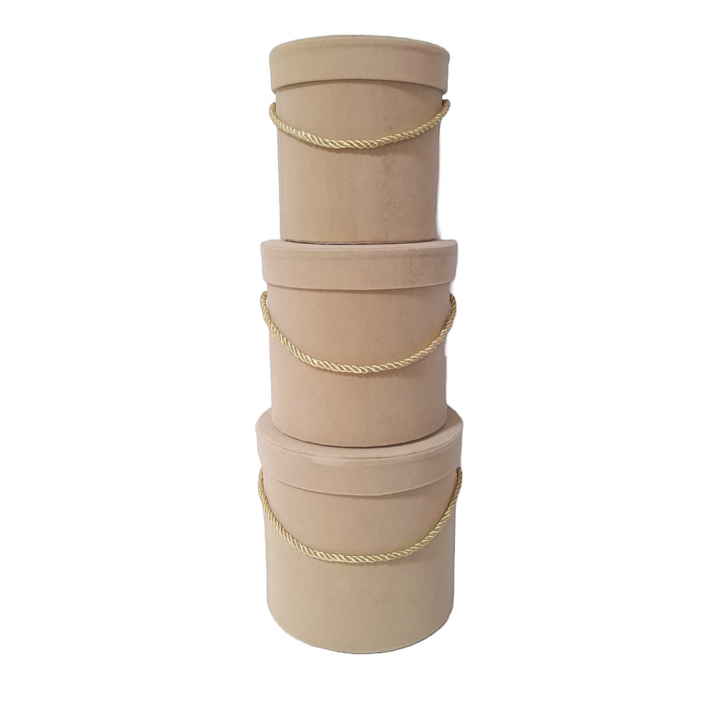 Set 3 cutii cilindru invelite cu catifea si snur, culoare bej B7 - ROC 951