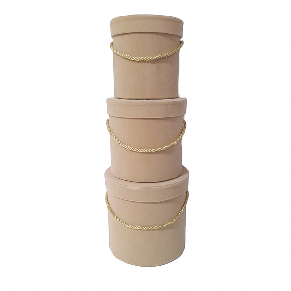 Set 3 cutii cilindru invelite cu catifea si snur, culoare bej B7 - ROC 951
