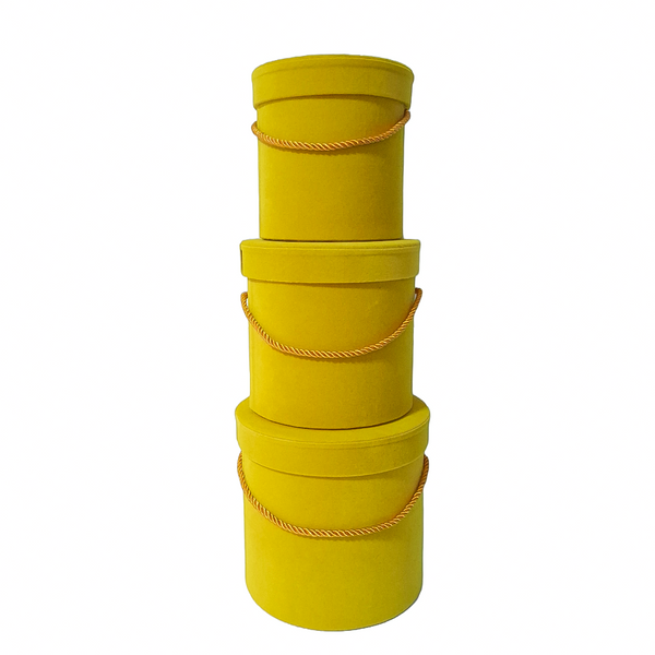 Set 3 cutii rotunde invelite cu catifea si snur, culoare galben B14 - ROC 951