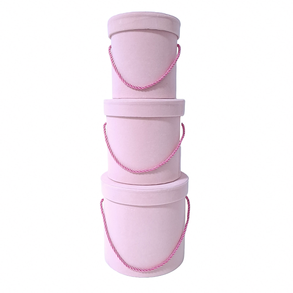Set 3 cutii cilindru invelite cu catifea si snur, culoare roz E10 - ROC 951