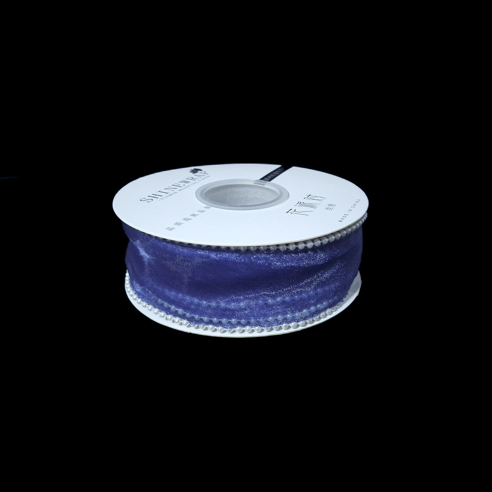 Bandă din organza cu margine de mărgele, 4 cm, culoare albastru închis - ROC 0838