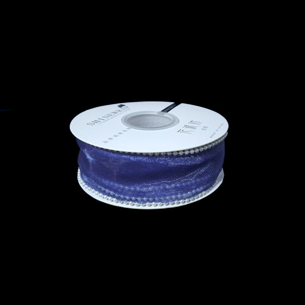 Bandă din organza cu margine de mărgele, 4 cm, culoare albastru închis - ROC 0838