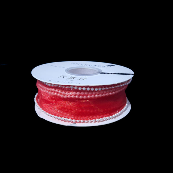 Bandă din organza cu margine de mărgele, 4 cm, culoare roșu - ROC 0838