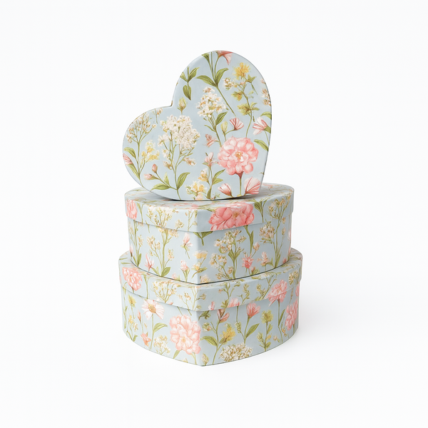 Set 3 cutii în formă de inimă, blue cu print floral - ROC 5262