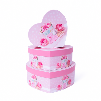 Set 3 cutii în formă de inimă, roz cu bujori - ROC 5262