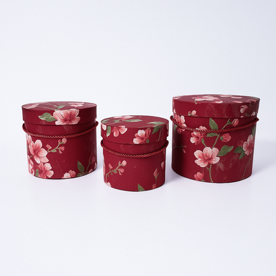 Set 3 cutii cilindru din carton cu print floral, culoare grena - ROC 5804