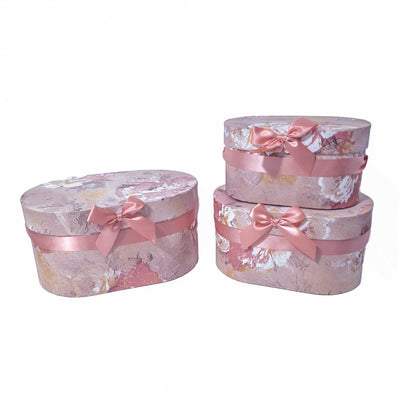 Set 3 cutii ovale din carton pentru aranjamente florale cu print floral, culoare roz prăfuit - ROC 5905