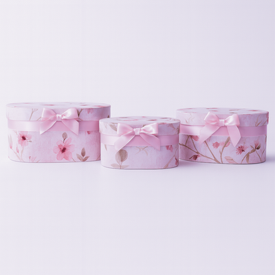 Set 3 cutii ovale din carton cu print floral, culoare lila - ROC 5905