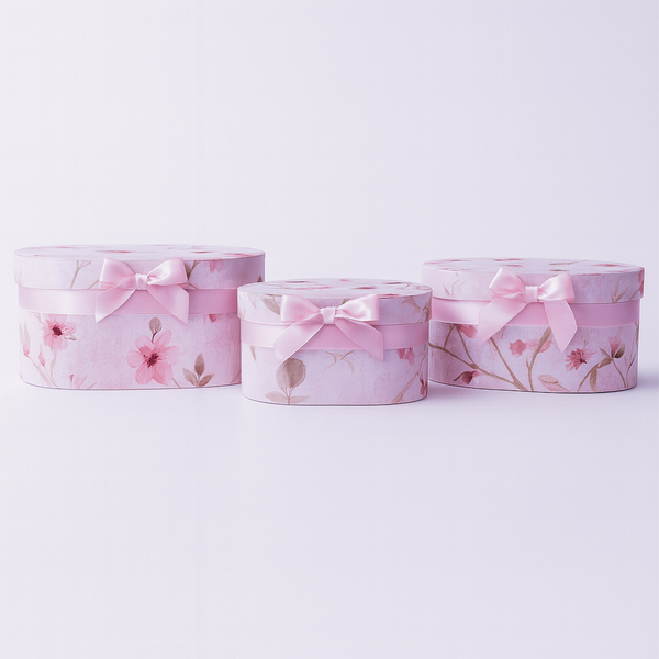 Set 3 cutii ovale din carton cu print floral, culoare lila - ROC 5905
