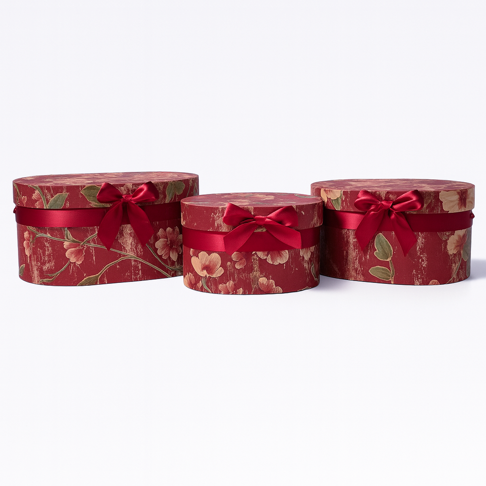 Set 3 cutii ovale din carton cu print floral, culoare grena - ROC 5905