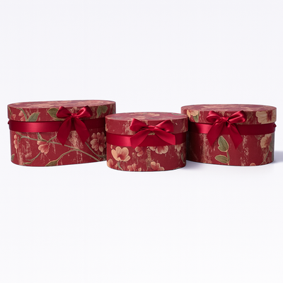 Set 3 cutii ovale din carton cu print floral, culoare grena - ROC 5905