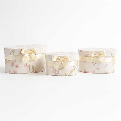 Set 3 cutii ovale din carton cu print floral, culoare crem  - ROC 5905